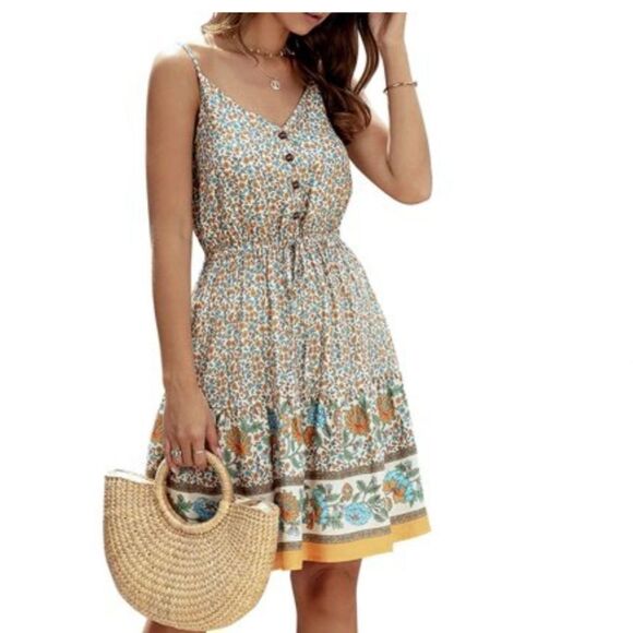 𝅺summer dresses Floral V neck Spaghetti strap Backless Button down  new - Picture 1 of 9